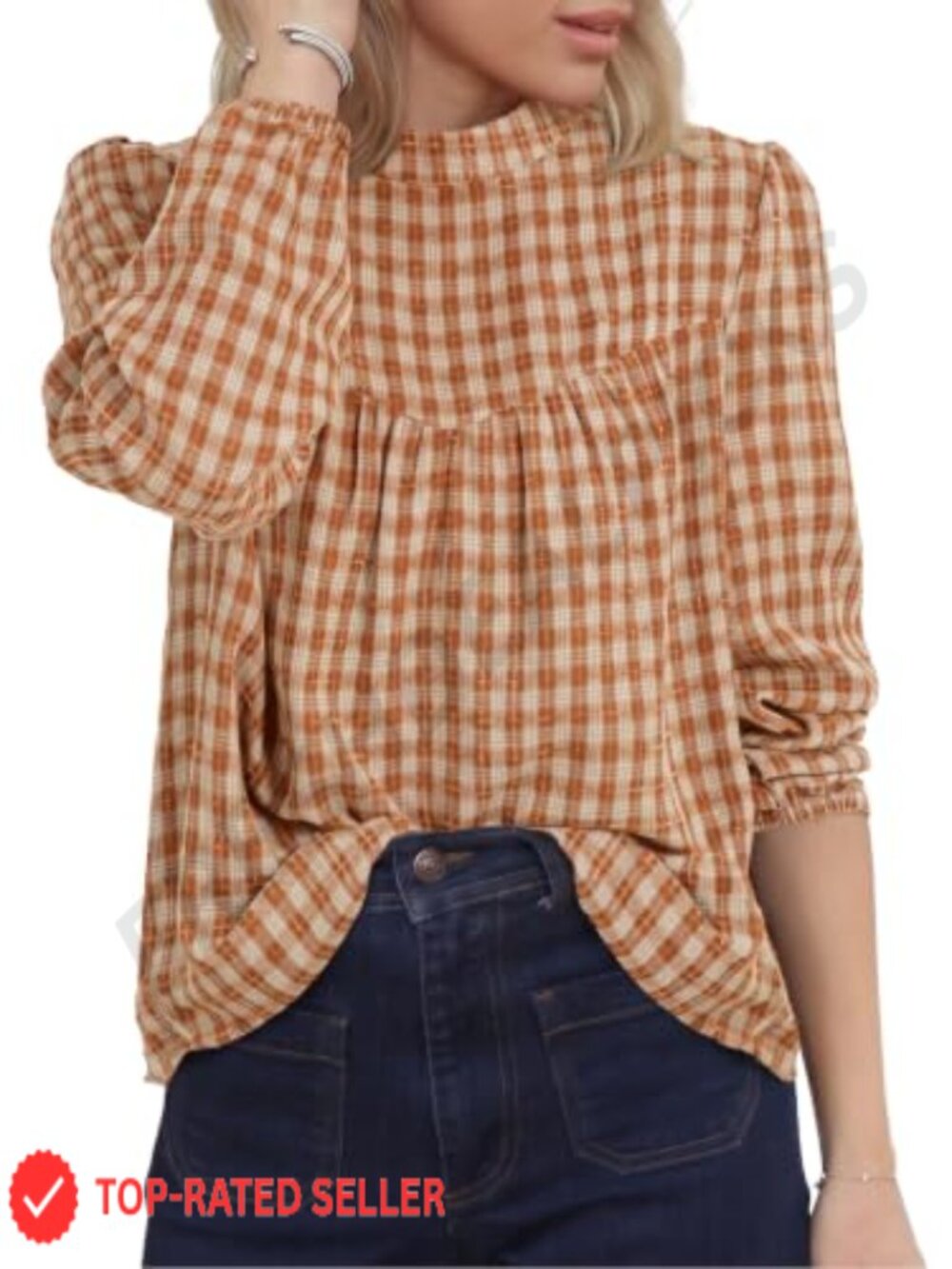 Puff Long Sleeve Gingham Babydoll Blouse Empire Waist Flowy Top